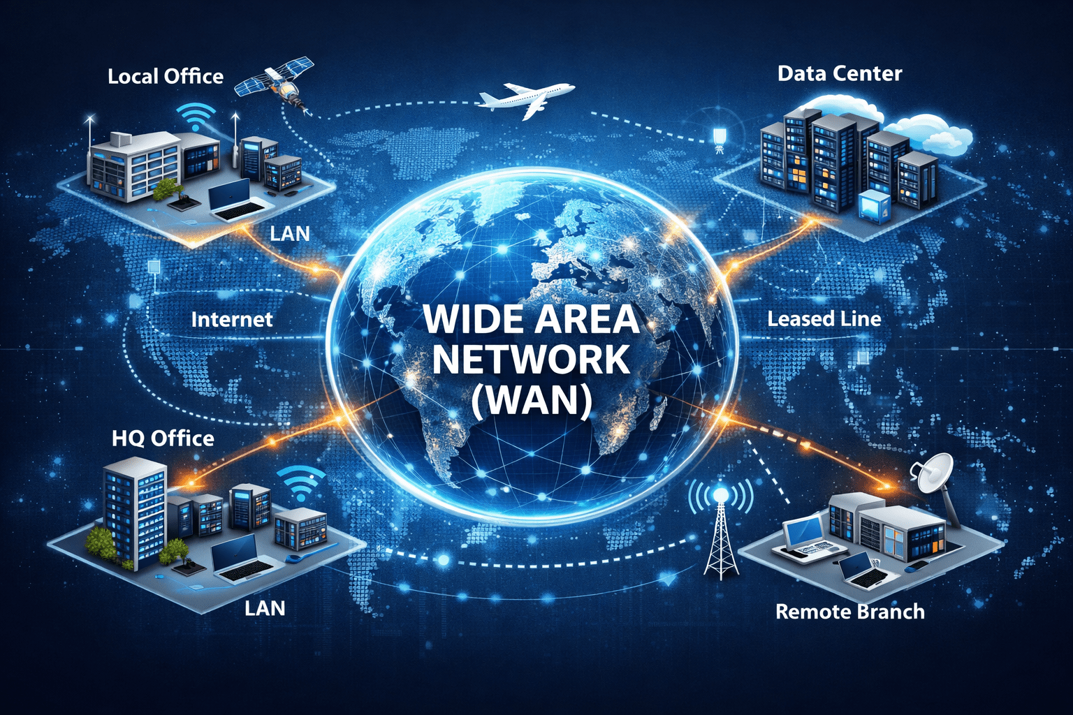 Wide area network (WAN) illustration showing global connections between LANs, data centers, and remote offices via internet, MPLS, and leased lines.