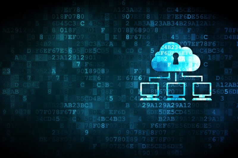 Cloud with keyhole and linked computers, depicting enhanced security in Azure services