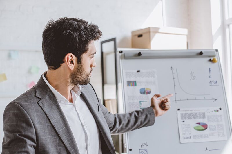 Project manager emphasizing the importance of project risk management on the flip chart during a meeting 