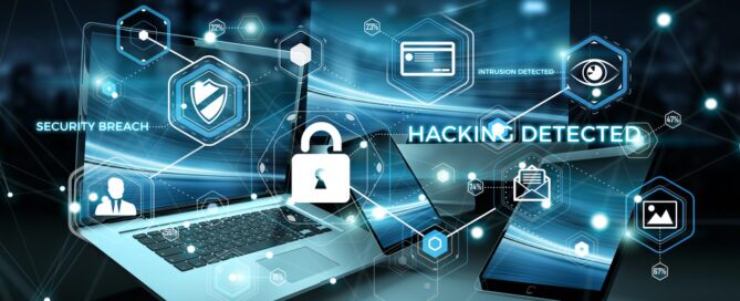 Concept image for Intrusion Detection System showing antivirus interface over modern tech devices.