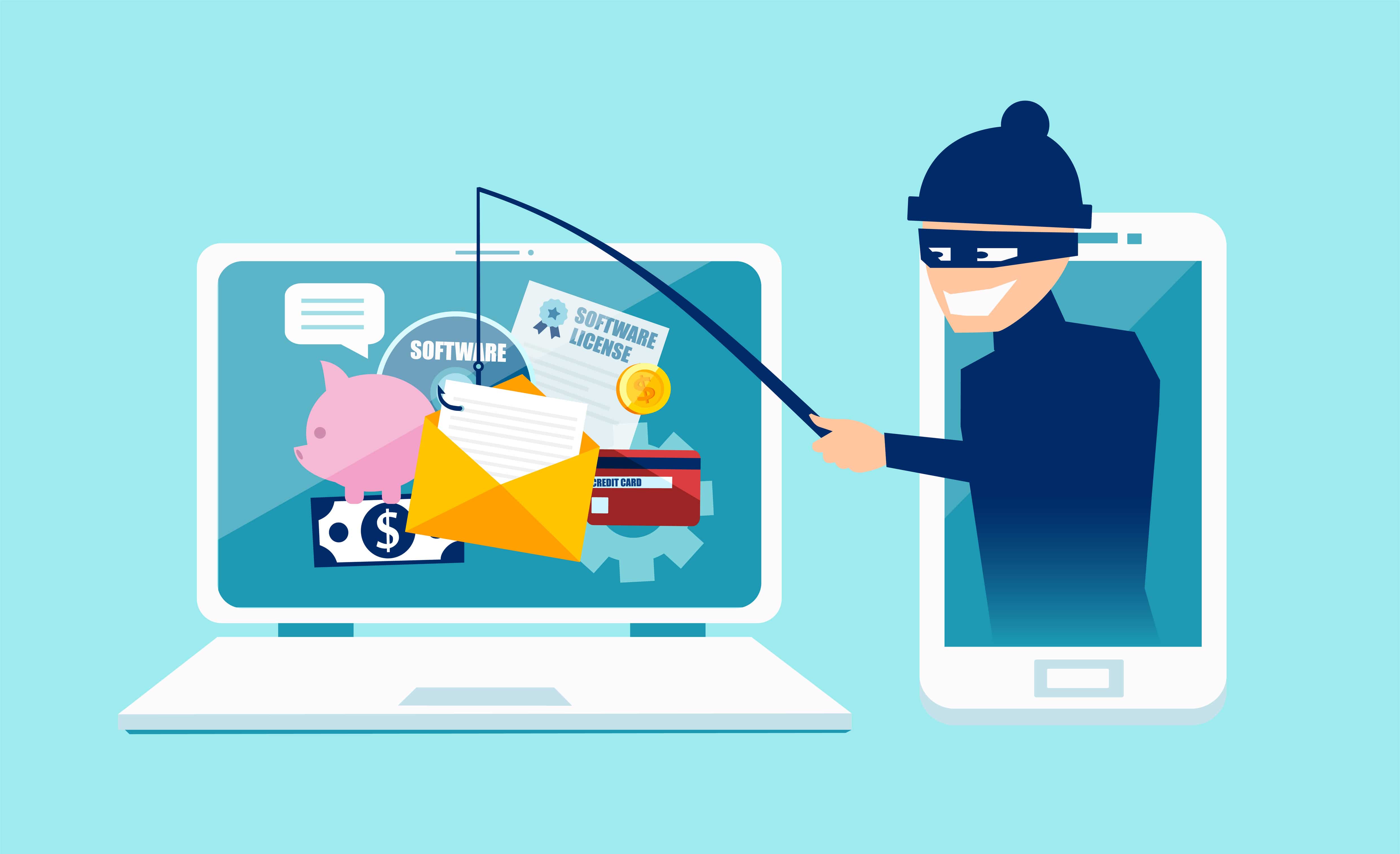 Phishing emails concept image shows burglar using a fishing rod. Learn about the important steps on what to do if you get a phishing email