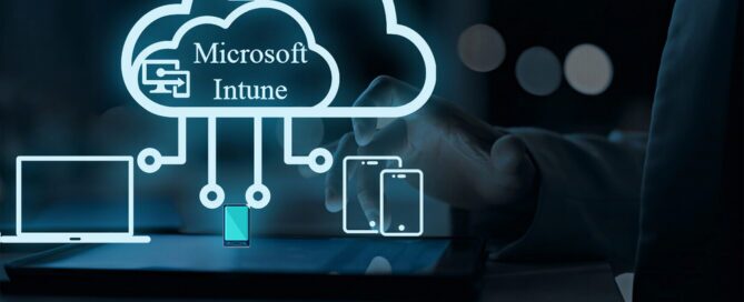 Cloud-based patch management concept with Microsoft Intune and Azure icons over a laptop and connected devices.