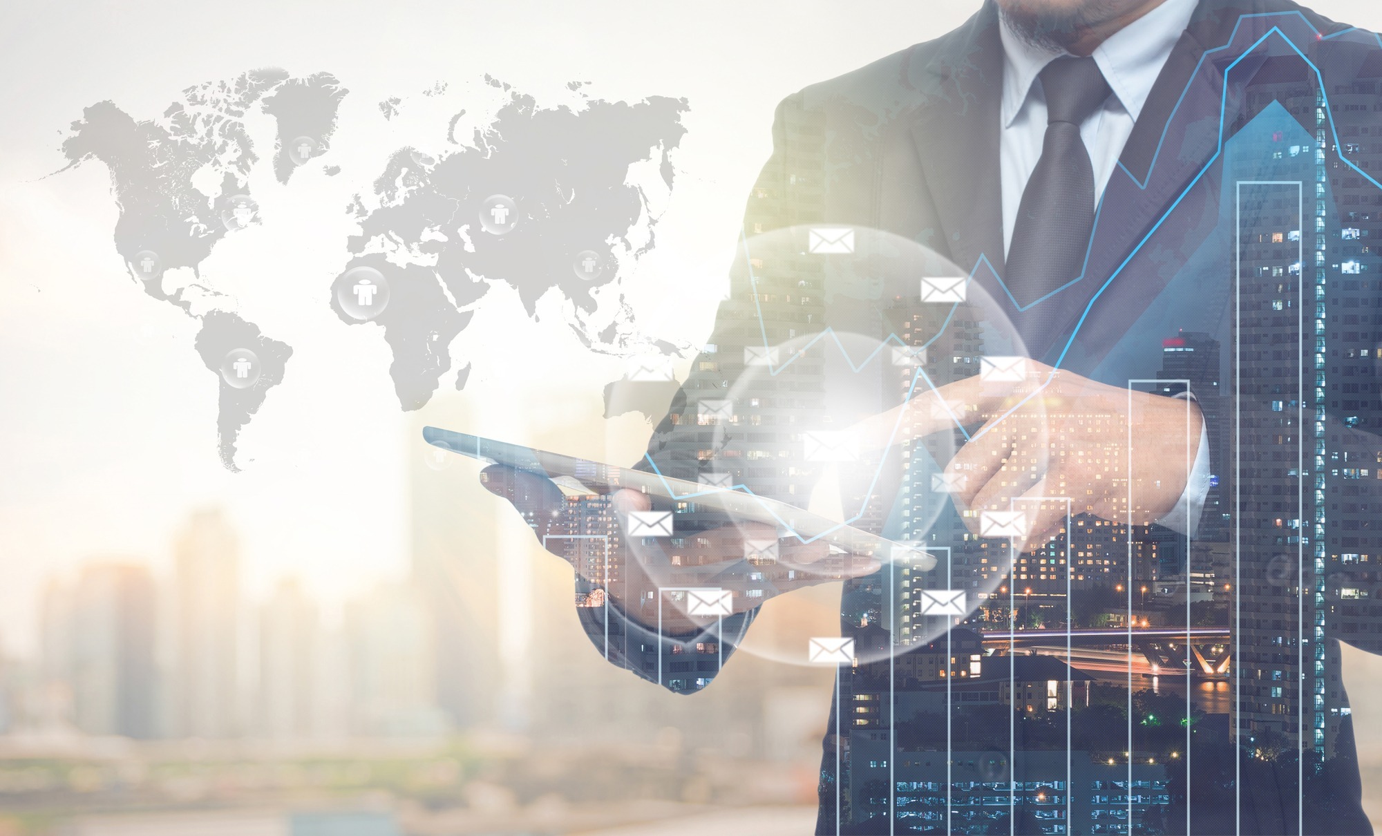 Double exposure of businessman using the tablet with cityscape a Depositphotos 120846980 L