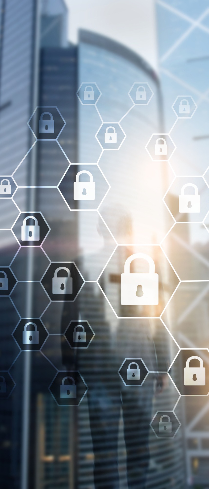 Vertical Panorama Banner. Cybersecurity, Information privacy, data protection, virus and spyware defense. Silhouette of businessman with building reflection and padlock icons concept image for strong managed security services