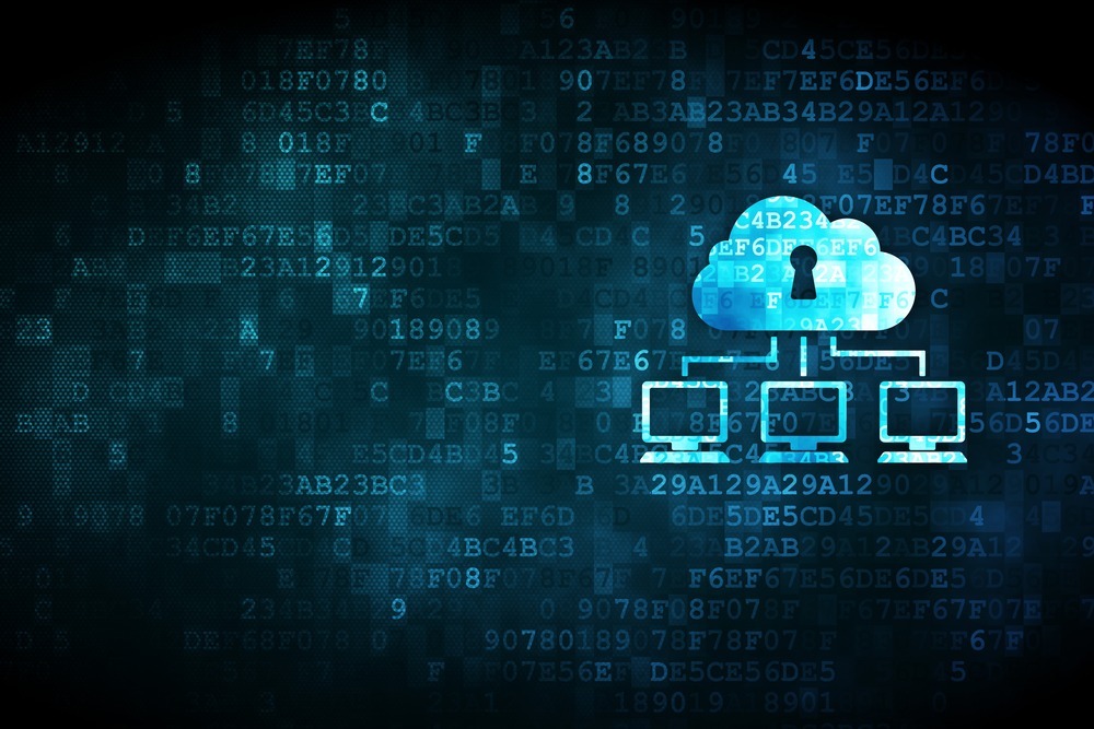 Home Based Cloud Computing 6 Computers linked to a cloud with a keyhole concept image symbolizing remote home computing security