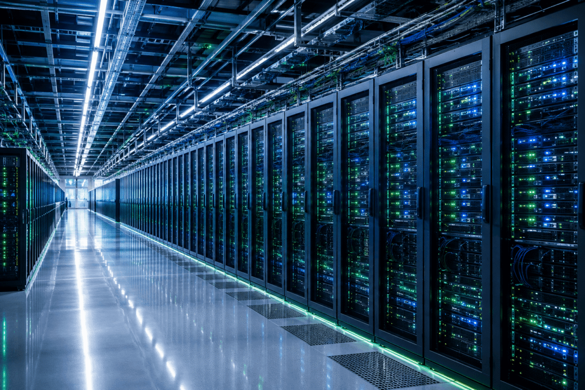 Hyperscale Data Center Long rows of high-density server racks inside a modern hyperscale data center, illuminated by blue and green status lights.
