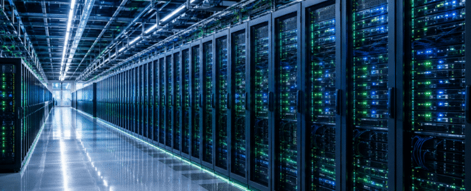 Long rows of high-density server racks inside a modern hyperscale data center, illuminated by blue and green status lights.