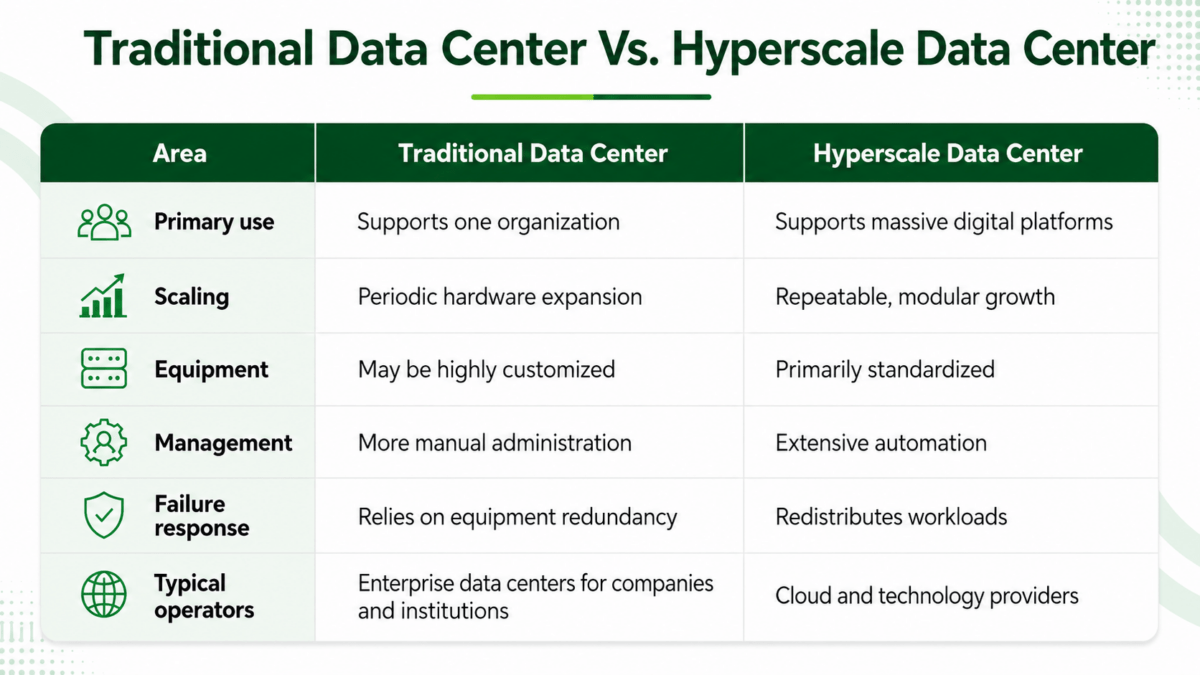 Traditional data center Vs. Hyperscale data center Image illustrating the difference between traditional data center and hyperscale data center.