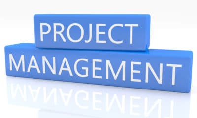 How to Scope an IT Project 3 blue box with text Project Management on it on white background with reflection