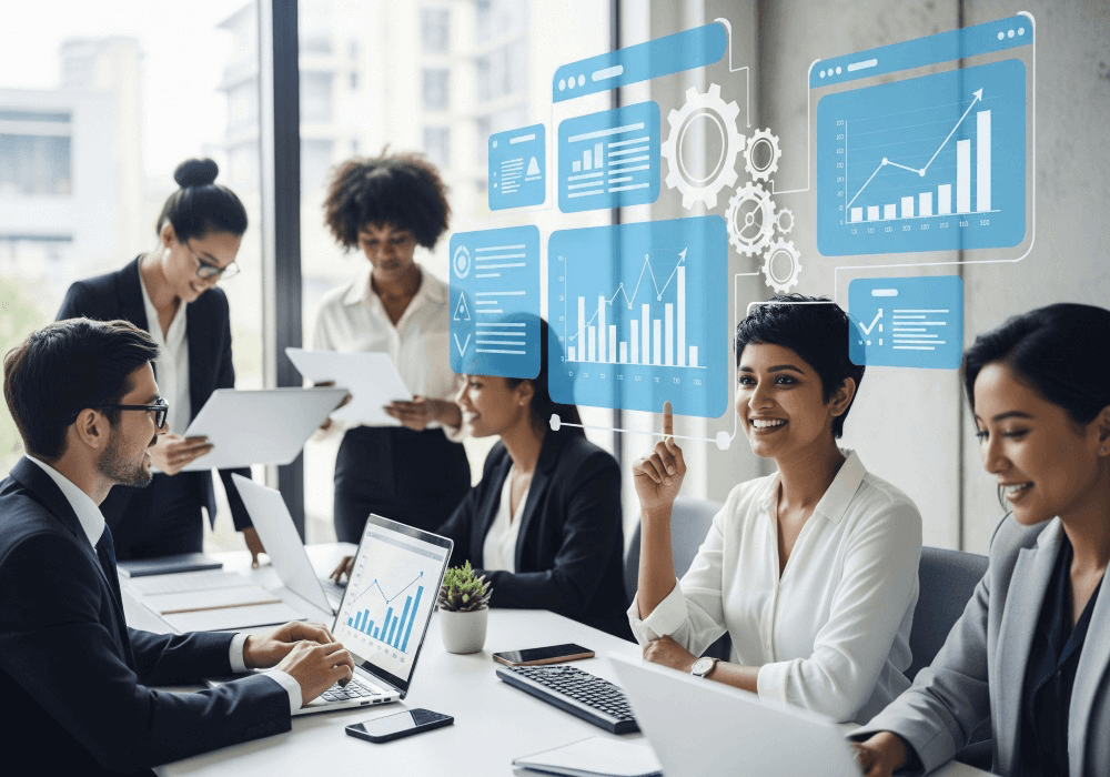 A diverse team works in a modern office with digital overlays of growth charts and data, representing the benefits of outsourcing IT services.