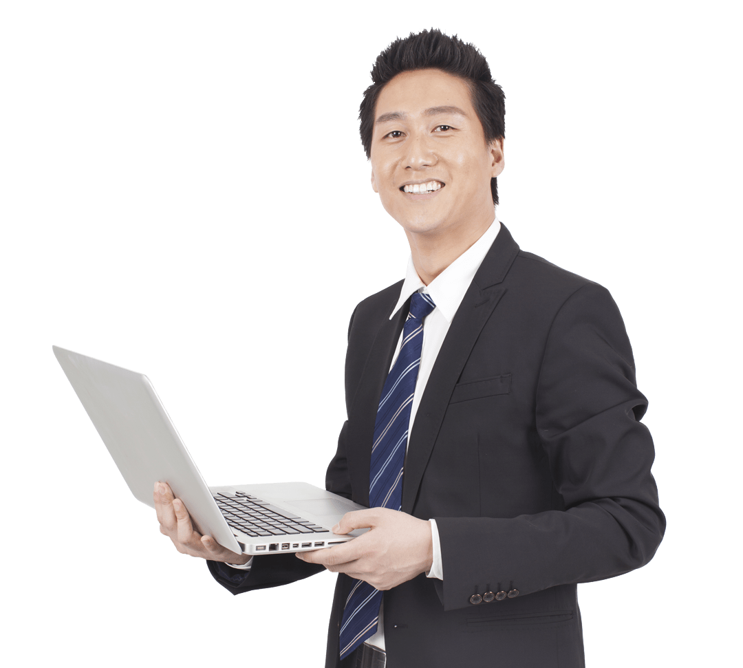 headerNew business man with a laptop is smiling
