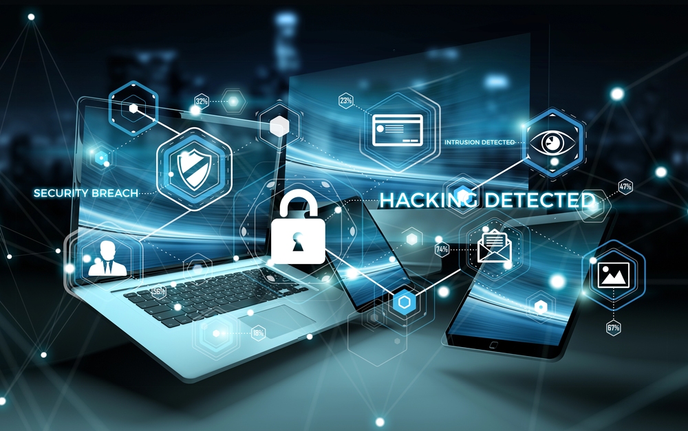 Concept image for Intrusion Detection System showing antivirus interface over modern tech devices.