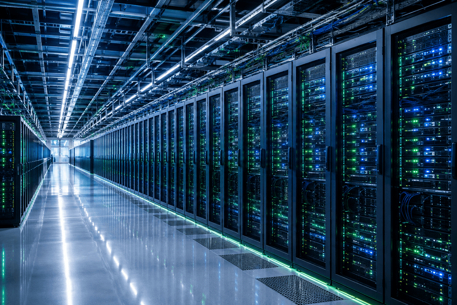 Long rows of high-density server racks inside a modern hyperscale data center, illuminated by blue and green status lights.