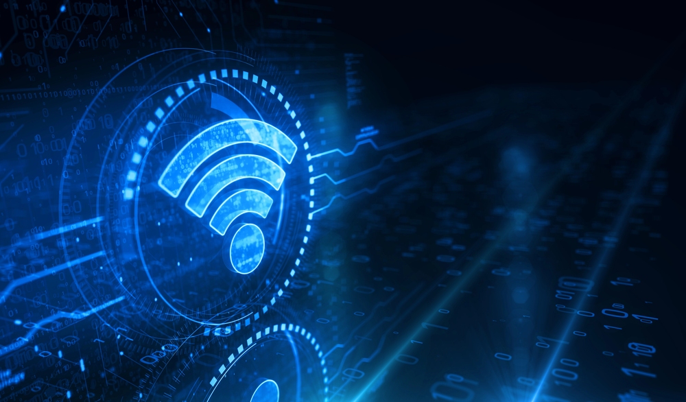 Digital Wi-Fi heatmap visualization showing a glowing wireless signal icon over a blue data grid background with network analytics and binary code.