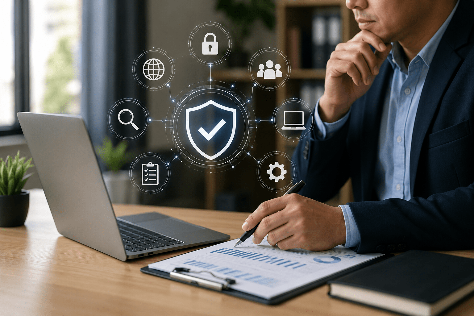 Business professional reviewing cybersecurity reports beside a laptop, with digital icons representing a broad security assessment.