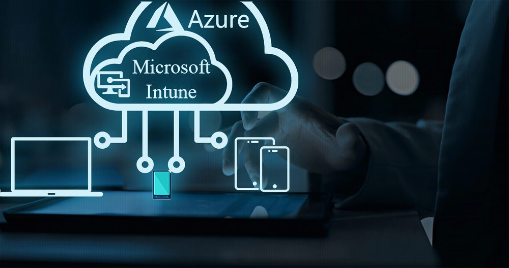 What is Patch Management? 2 Cloud-based patch management concept with Microsoft Intune and Azure icons over a laptop and connected devices.