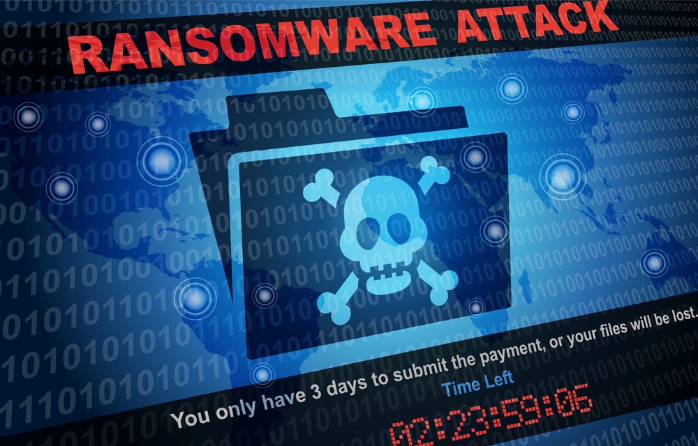 An illustration depicting a ransomware attack, featuring a folder with a skull and crossbones icon over a world map with binary code, and a countdown timer.