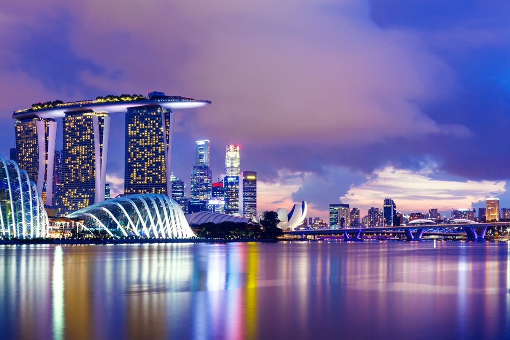 Singapore skyline at night.