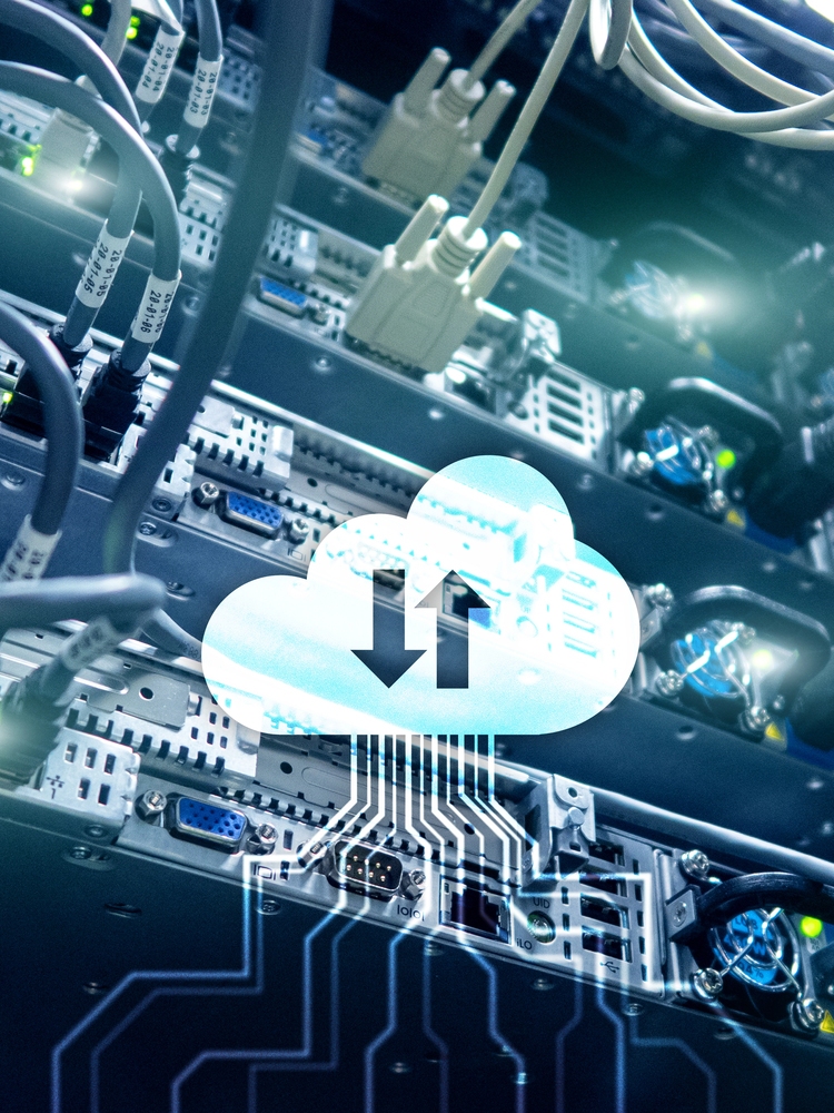 Abstract design of cloud icon and servers on the background, representing Azure Cloud Services in Singapore.