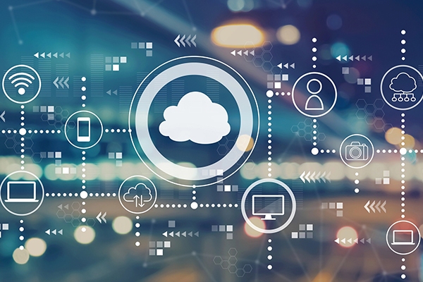 Cloud solutions graphic showing interconnected devices and cloud technology in Singapore