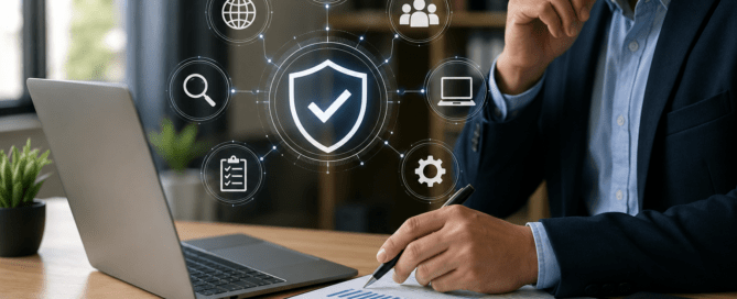 Business professional reviewing cybersecurity reports beside a laptop, with digital icons representing a broad security assessment.