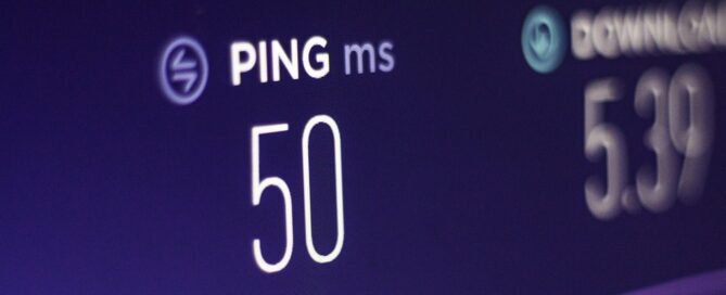 Network latency displayed as a ping test result showing 50 ms response time on a network performance dashboard