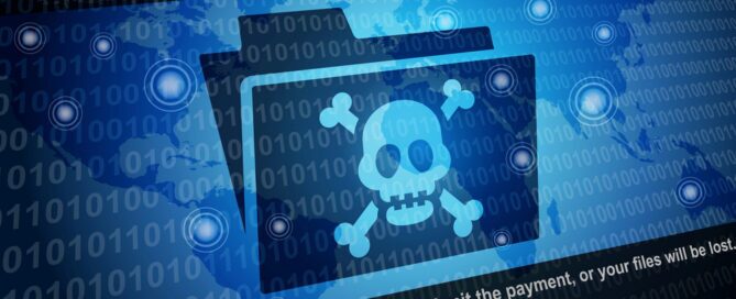 An illustration depicting a ransomware attack, featuring a folder with a skull and crossbones icon over a world map with binary code, and a countdown timer.