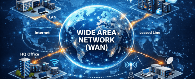 Wide area network (WAN) illustration showing global connections between LANs, data centers, and remote offices via internet, MPLS, and leased lines.